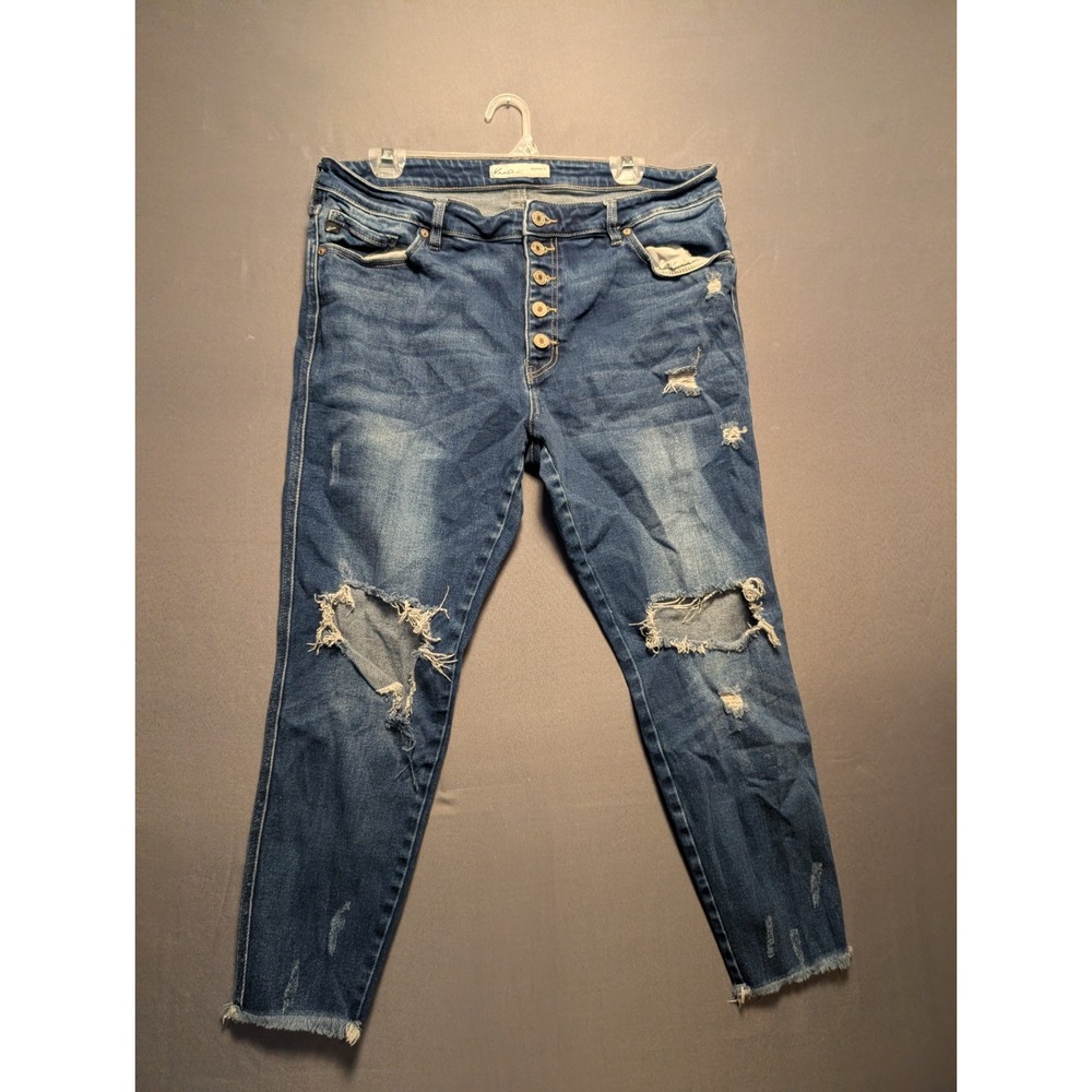 KanCan Maurices Cropped Jeans Womens 32 Blue Denim Distressed Skinny Button Fly